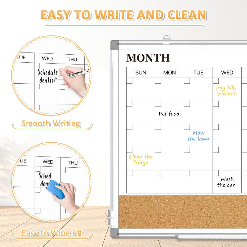 QUEENLINK Dry Erase Calendar Whiteboard for Wall, 24"x18" Magnetic Monthly White Board Cork Board Combo, Double Sided, Aluminum Frame, Wall Hanging Wipe Board for Home, Office, School, Dorm - Image 4